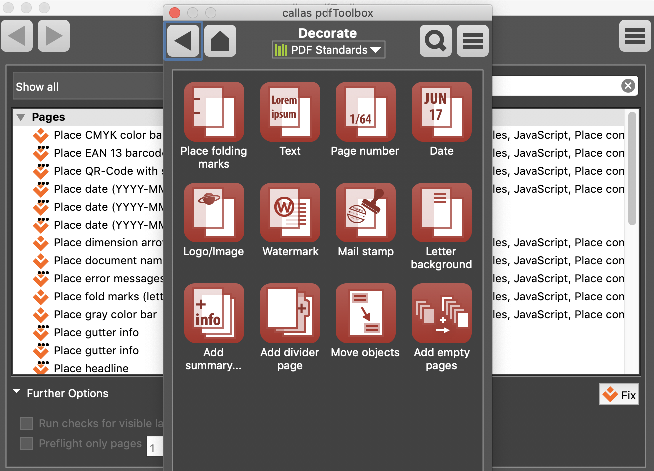 What can you do with pdfToolbox's 'Decorate' feature?